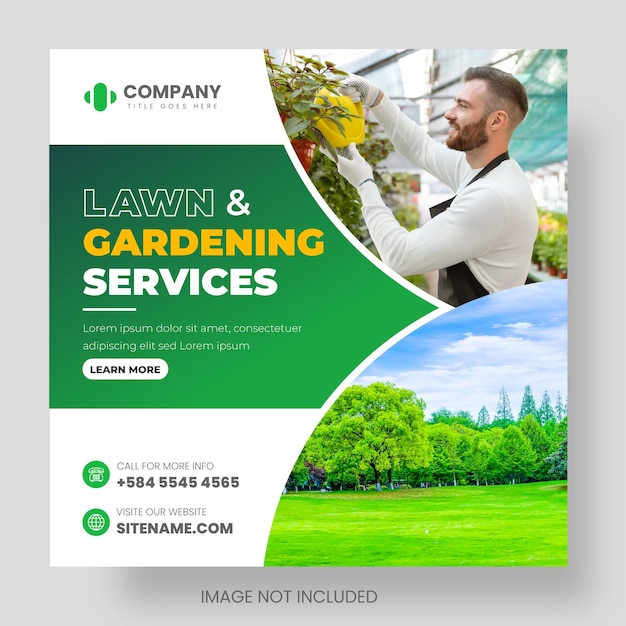 Lawn Garden Service social media post banner design template with green color