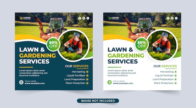 Lawn gardening and agro farm service social media post vector Gardening and lawn cleaning service flyer design Lawn mowing and landscaping business advertisement banner template illustration