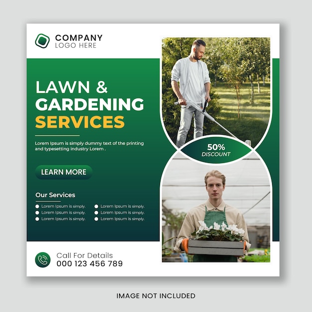 Lawn or gardening service social media post and web banner template