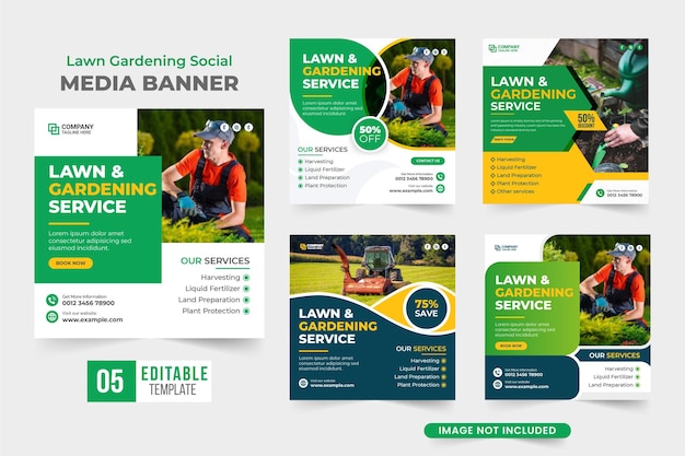 Lawn gardening social media banner collection with blue green and yellow colors Garden cleaning and lawn mower business advertisement flyer set Gardening and harvesting service template bundle