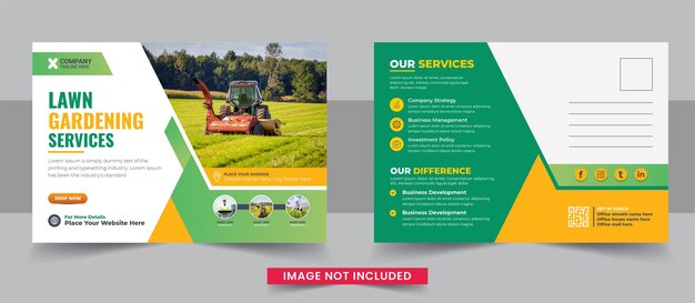 Vector lawn mower garden or landscaping service postcard template