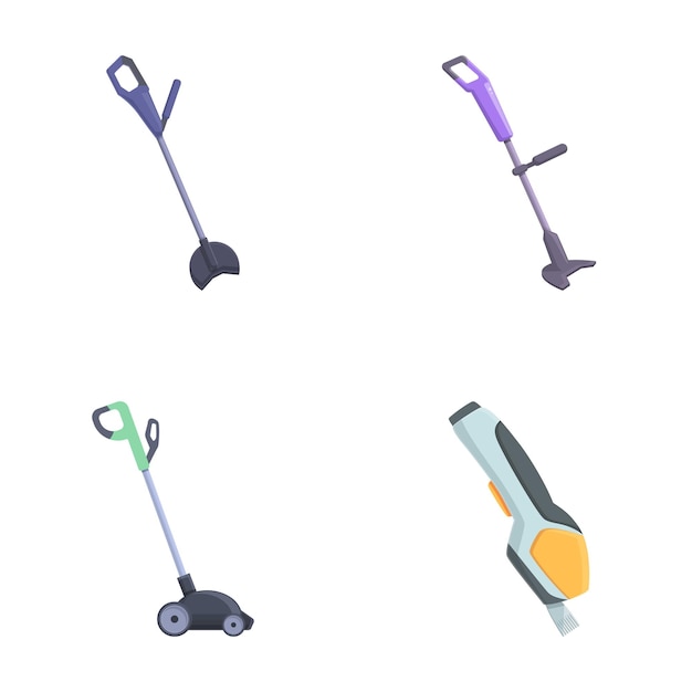 Vector lawn mower icons set cartoon vector electric lawn mower and grass trimmer