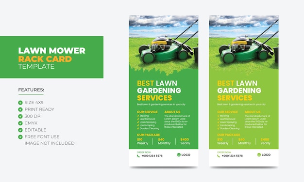 Vector lawn mower promotion rack card or dl flyer design template mowing service rack card template