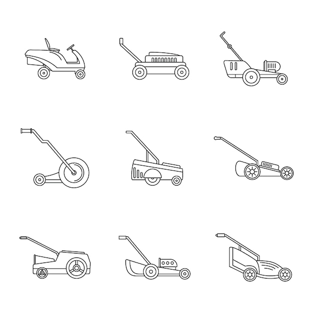 Lawnmower grass garden icons set