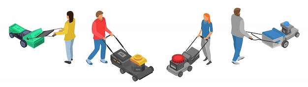 Lawnmower icon set, isometric style