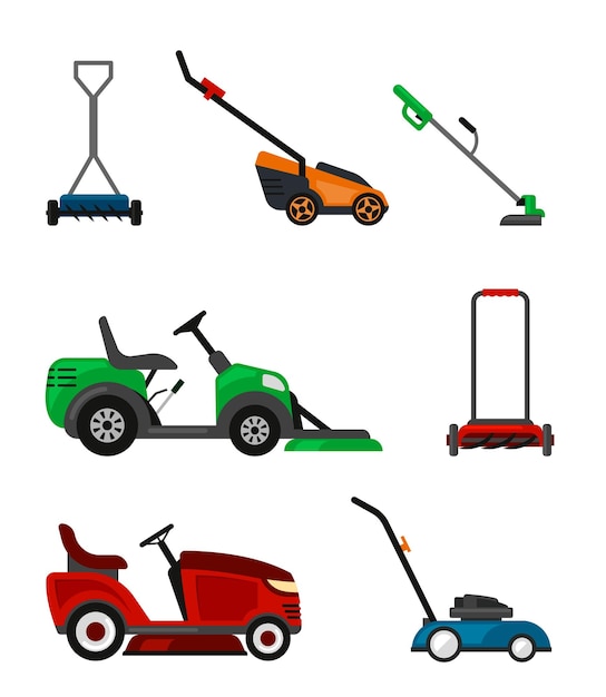 Lawnmower outdoor grass decorated trimming machine seasonal cutting yard Vector illustration