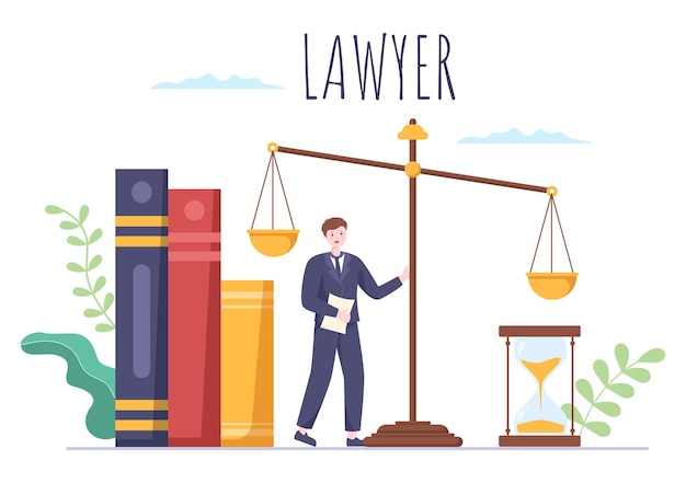 Lawyer Attorney and Justice Illustration with Laws Scales or Wooden Judge Hammer to Consultant