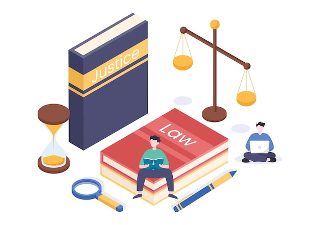 Vector lawyer attorney and justice illustration with laws scales or wooden judge hammer to consultant