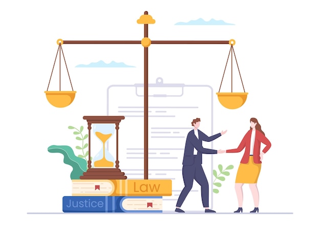 Vector lawyer attorney and justice illustration with laws scales or wooden judge hammer to consultant