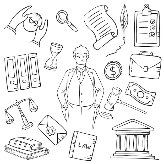 Lawyer jobs or profession doodle hand drawn set collections with outline black and white style