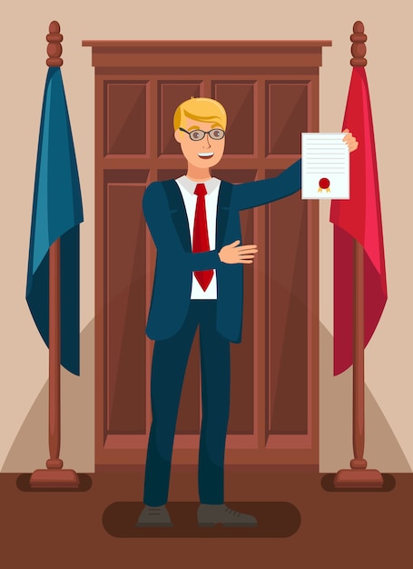 Vector lawyer showing evidence in court flat illustration