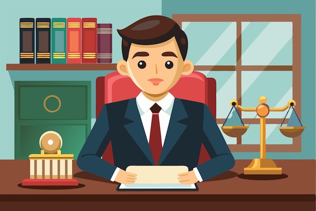 A lawyer sits at a desk with law books and scales of justice presenting a customizable cartoon style design Customizable cartoon illustration for law firms