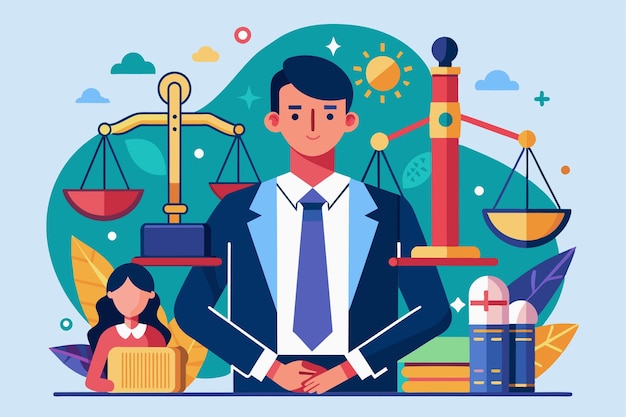 A lawyer stands confidently among scales of justice and legal books embodying the essence of a modern law firm Law firm Customizable Disproportionate Illustration