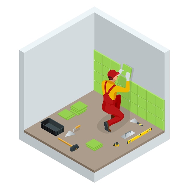 Laying tiles at home. Worker installing small ceramic tiles on bathroom walls and applying mortar with trowel. Isometric vector illustration.