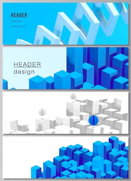 layout of headers, banner templates for website footer design, horizontal flyer design, website header backgrounds. 3d render  composition with dynamic geometric blue shapes in motion.