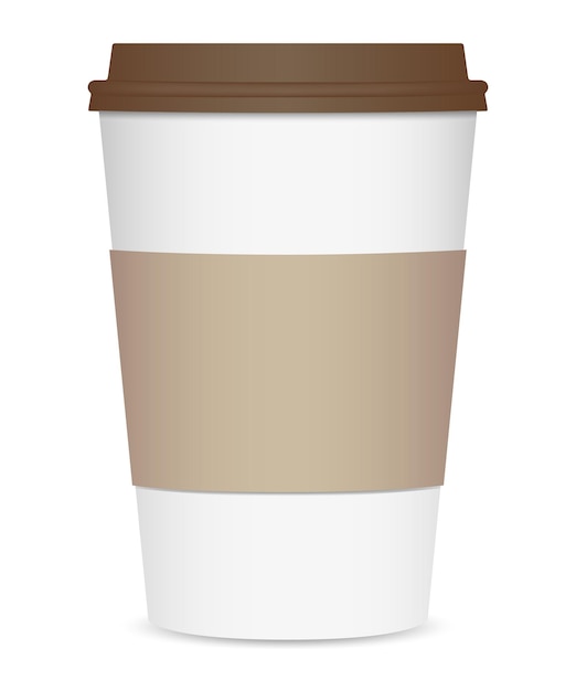 Layout of a realistic coffee cup with a brown lid and a cup holder. Front view. Isolated on white background. Vector