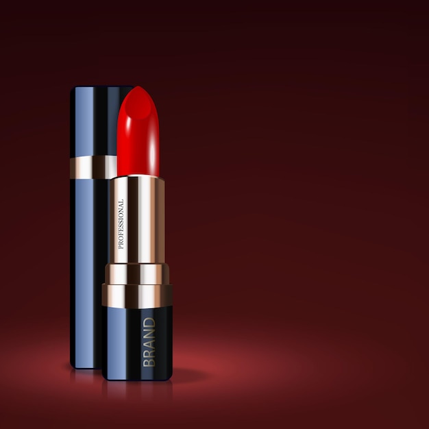 Layout of red lipstick closed and open design of cosmetic packaging in 3d illustrations