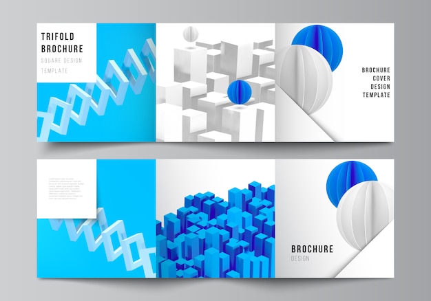 layout of square covers design templates for trifold brochure, flyer, magazine, cover design, book design. 3d render  composition with dynamic realistic geometric blue shapes in motion.