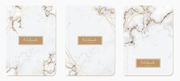 Vector layouts of notepads with covers templates with marble stone texture gold lines and glitter vector