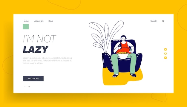 Laziness, Degradation, Unhealthy Eating Bad Habit Landing Page Template. Fat Lazy Man Character Sit on Armchair with Fast Food and Beer Watch Tv. Fastfood Addiction Obesity. Linear Vector Illustration