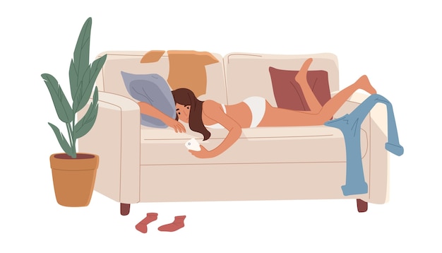 Lazy and depressed young woman lying on couch at home. Sad and apathetic character resting on sofa and surfing internet with mobile phone. Flat vector illustration isolated on white background.