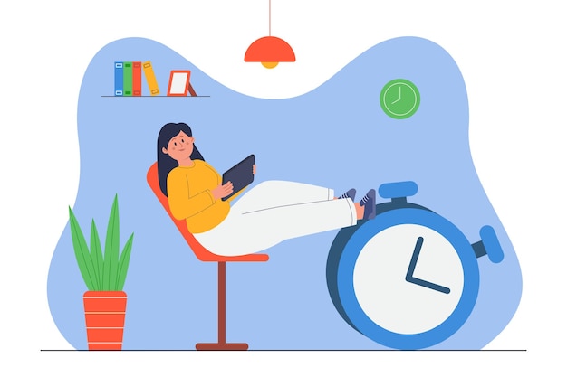 Vector lazy female office person procrastinating while at work. woman daydreaming, big alarm clock flat vector illustration. procrastination, leisure, time management concept for banner or landing web page