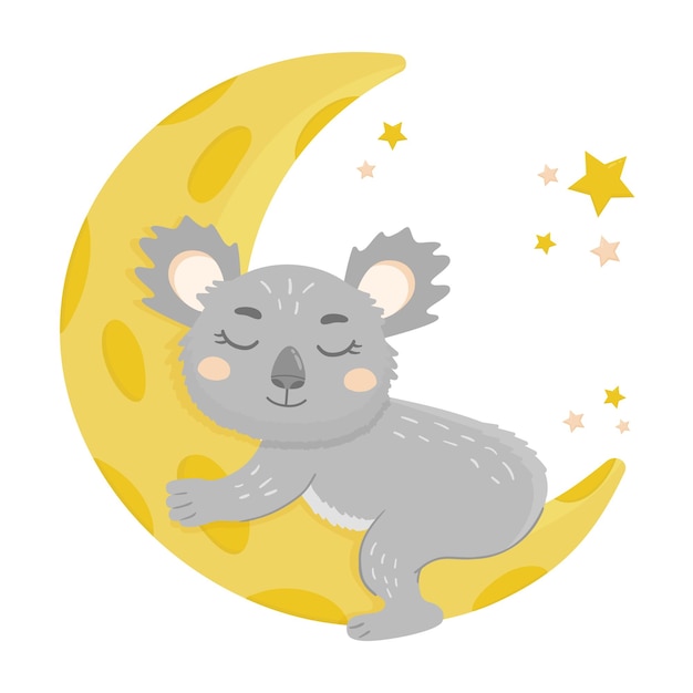 Lazy koala sleeping on the moon Vector illustration of cute koala Lovely Australian Animal Cartoon