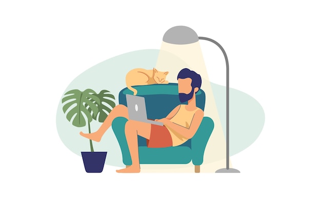 Lazy man illustration working with laptop at home