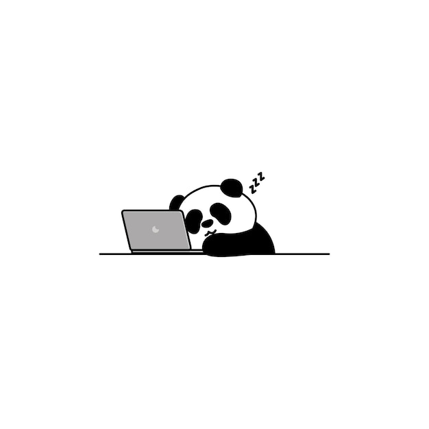 Lazy panda sleeping on laptop cartoon vector illustration