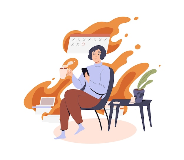 Lazy person procrastinate, postpone businesses, breake deadlines. Procrastination concept. Careless idle unproductive woman indifferent to work. Flat vector illustration isolated on white background.