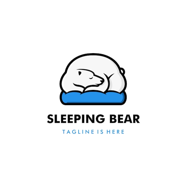 lazy sleeping white polar bear in blue pillow logo vector template illustratio