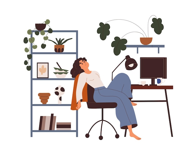 Lazy tired woman at computer desk at home. Apathy, burnout and procrastination concept. Depressed sluggish exhausted unmotivated unhappy person. Flat vector illustration isolated on white background