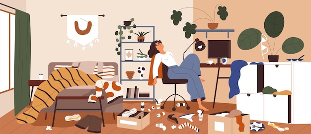 Lazy woman in messy and dirty room Sluggish person with mess litter and scattered stuff around Disorder clutter and chaos at home Apathy concept Flat vector illustration of untidy apartment