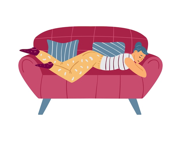 Lazy woman napping on couch unwilling to work flat vector illustration isolated