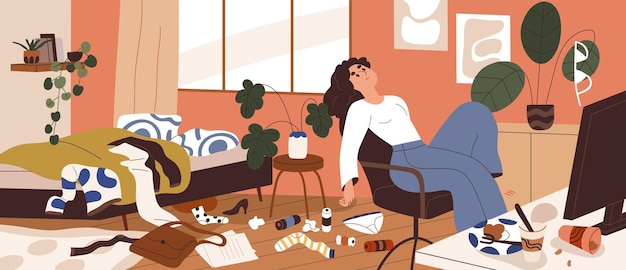 Lazy woman with mess around at home. Depressed sluggish person in dirty messy room. Concept of apathy, depression and psychological disorder. Flat vector illustration of untidy apartment with trash.