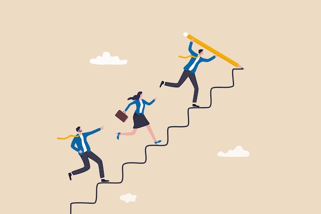 Leader to guide team to achieve success, manager to develop career path or improvement plan, growth or progress concept, businessman leader draw stair with pencil to lead team walk up to target.