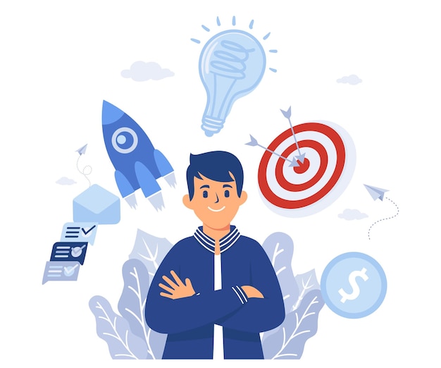 Leader success working multitasking overhead character rocket startup target light bulb as idea and checkbox flat vector modern illustration