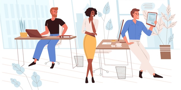 Leadership concept in flat design. Successful team develops business, analyzes company data, discusses strategy at office meeting. Partnership and collaboration people scene. Vector illustration