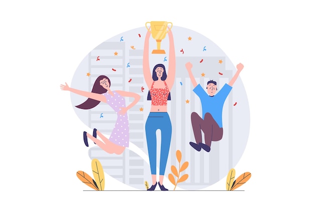 Vector leadership concept in modern flat design for web businesswoman and businessman achieve career goal getting victory and cup prize reward celebrating competition win in team vector illustration