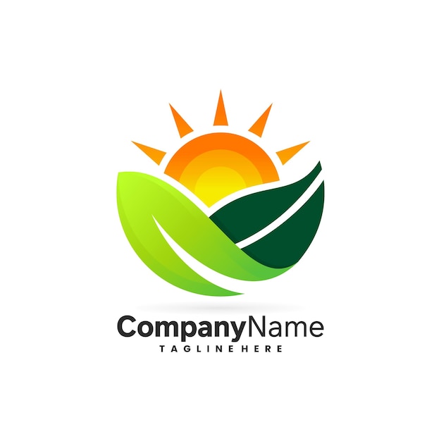 leaf green and sun logo design template