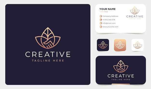 Leaf and handshake logo design vector with business card template