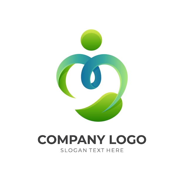 Leaf human logo design people and leaf combination logo with 3d green and blue color style