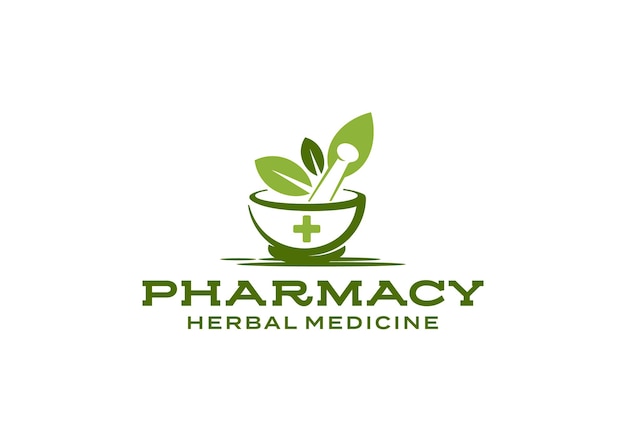 Leaf mortar pestle Natural medicine medical pharmacy logo design template inspiration