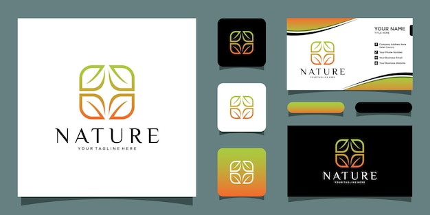 Leaf nature logo designs vectors with business card design Premium Vector