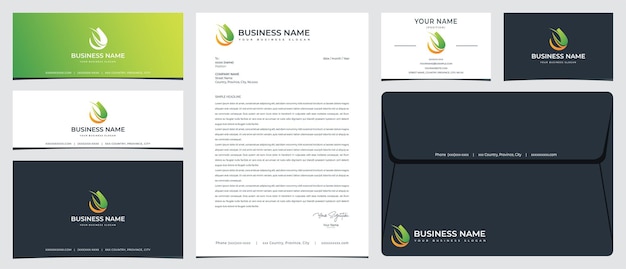 Vector leaf oil logo with stationery business card and social media banner designs