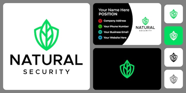 Leaf and shield logo design with business card template