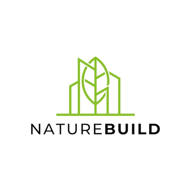 leaf tree building tower logo design. simple modern line symbol vector