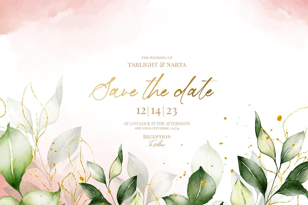 leaf wedding invitation template with golden leaf