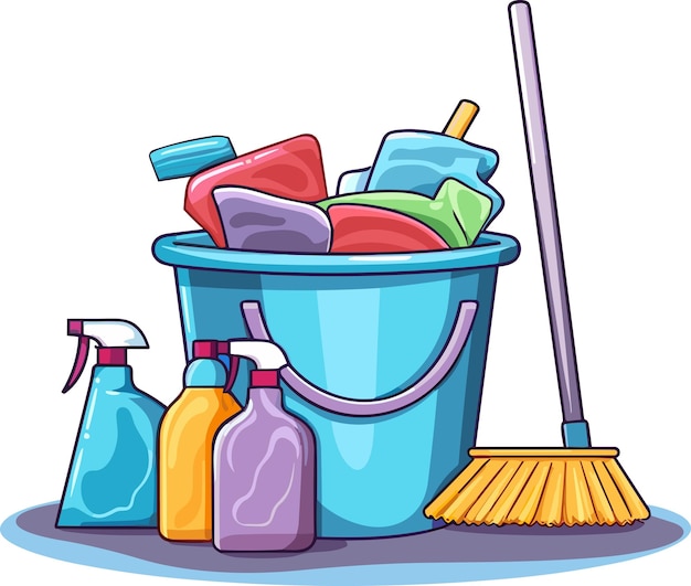 Leaning equipment a bucket of water a mop detergents isolated on a white background vector illustration in bright colors