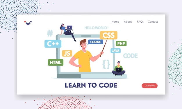 Vector learn to code landing page template. software development studying. tutor explain to students programming courses from huge laptop. tiny characters study webinar. cartoon people vector illustration